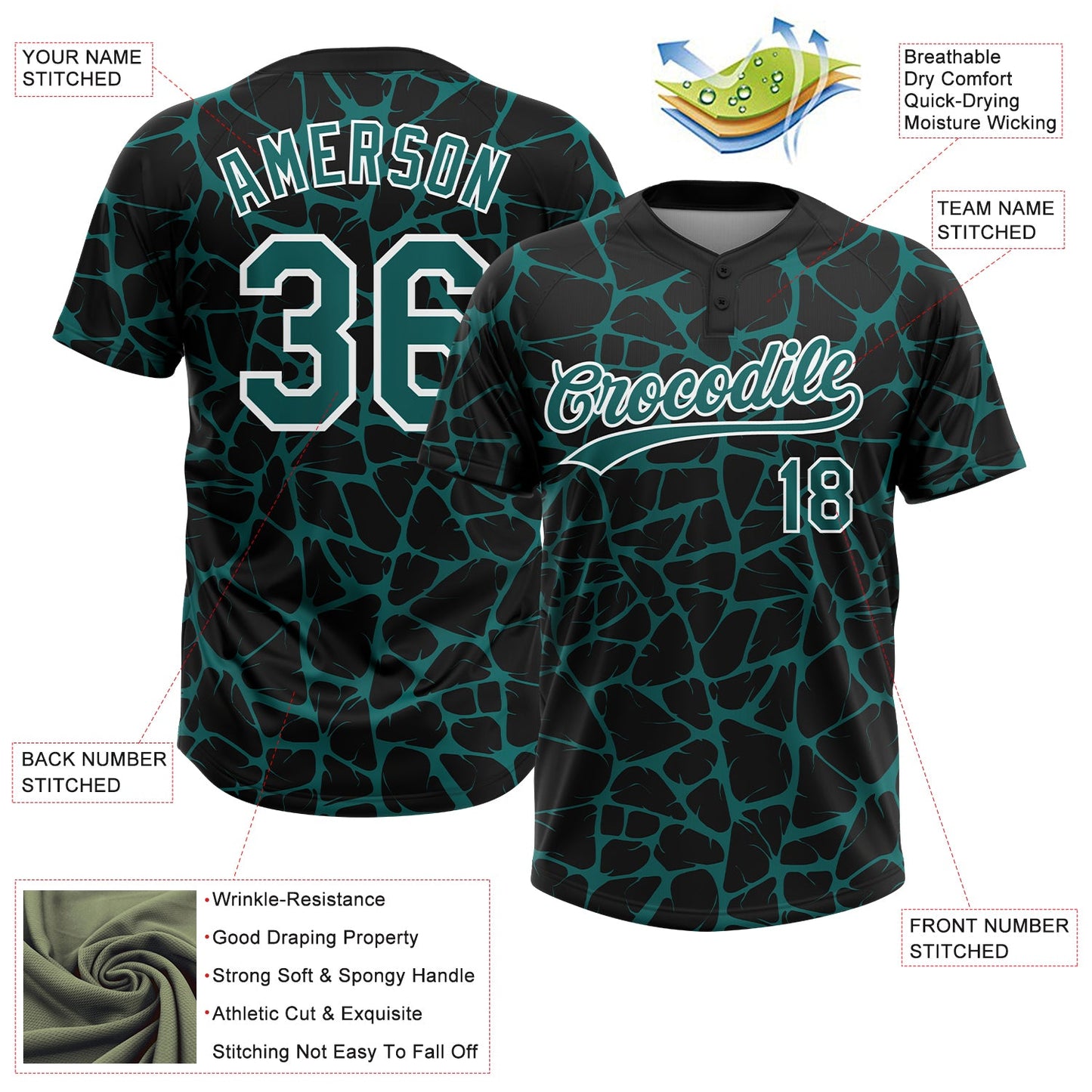 Custom Black Teal-White Abstract Network Crackle Two-Button Unisex Softball Jersey
