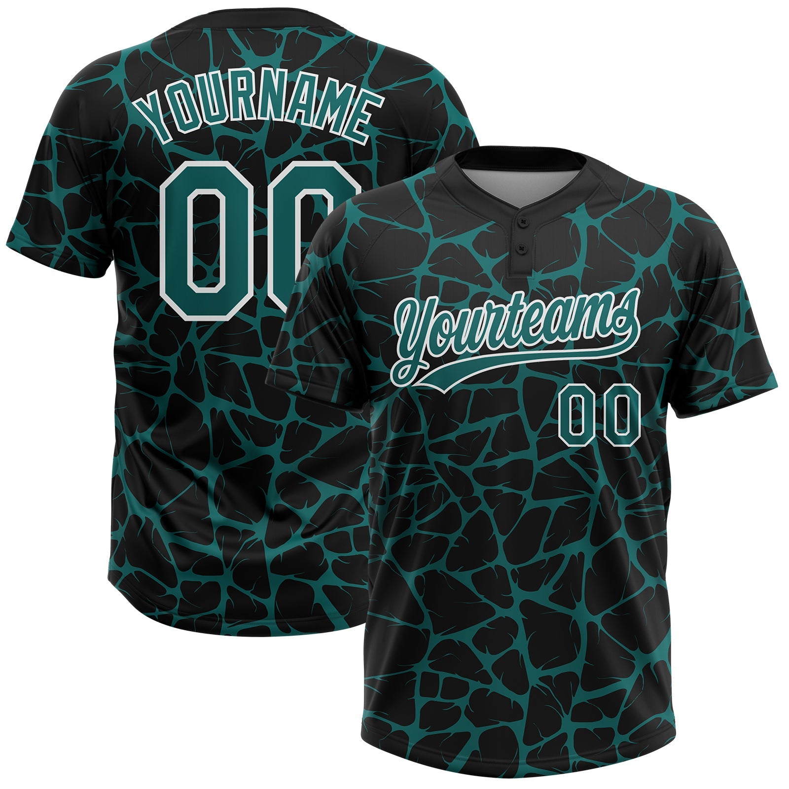 Custom Black Teal-White Abstract Network Crackle Two-Button Unisex Softball Jersey