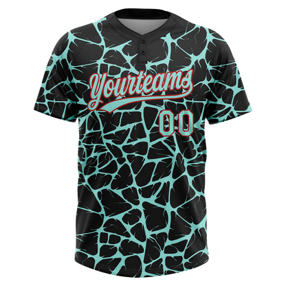 Custom Black Ice Blue-Red Abstract Network Crackle Two-Button Unisex Softball Jersey