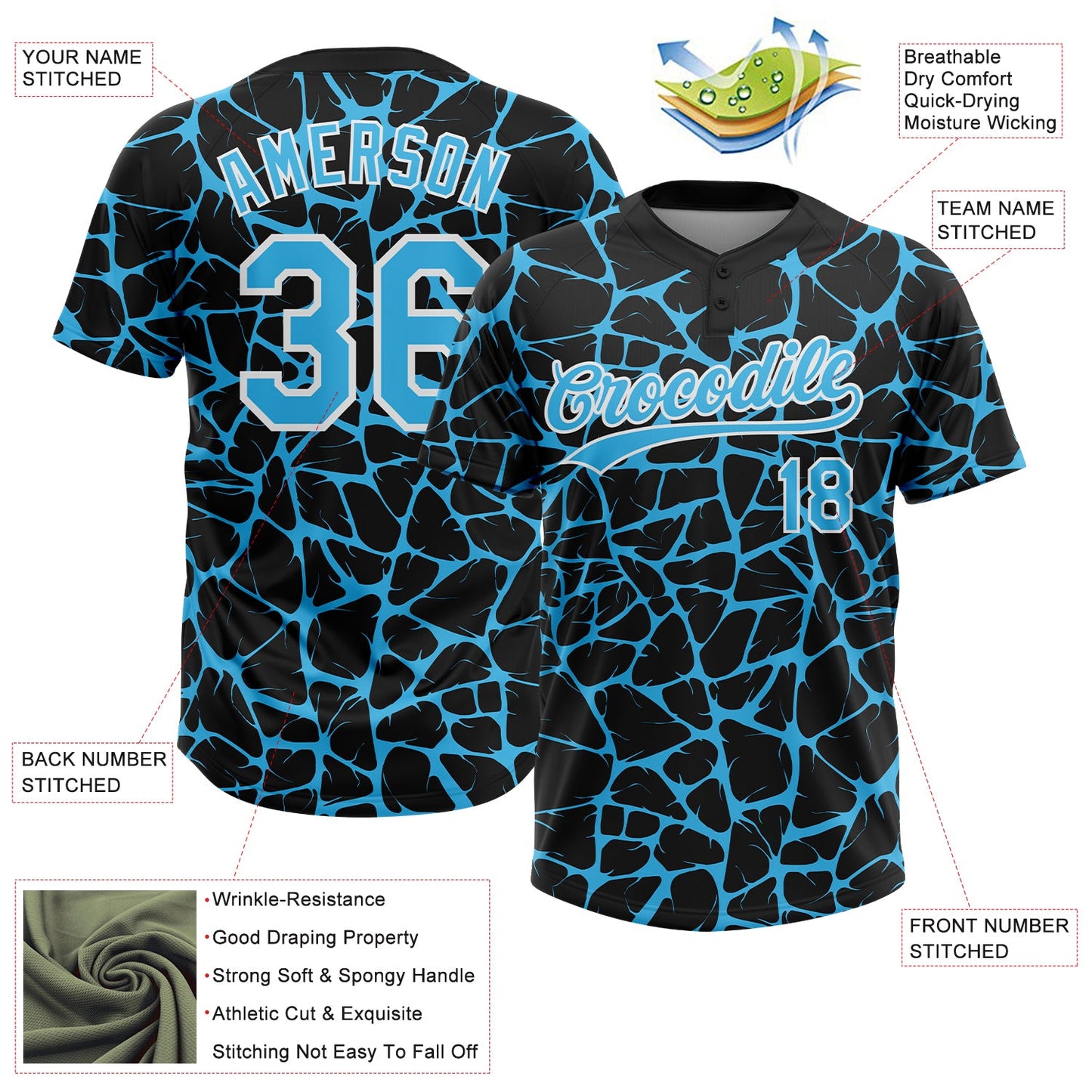 Custom Black Sky Blue-White Abstract Network Crackle Two-Button Unisex Softball Jersey