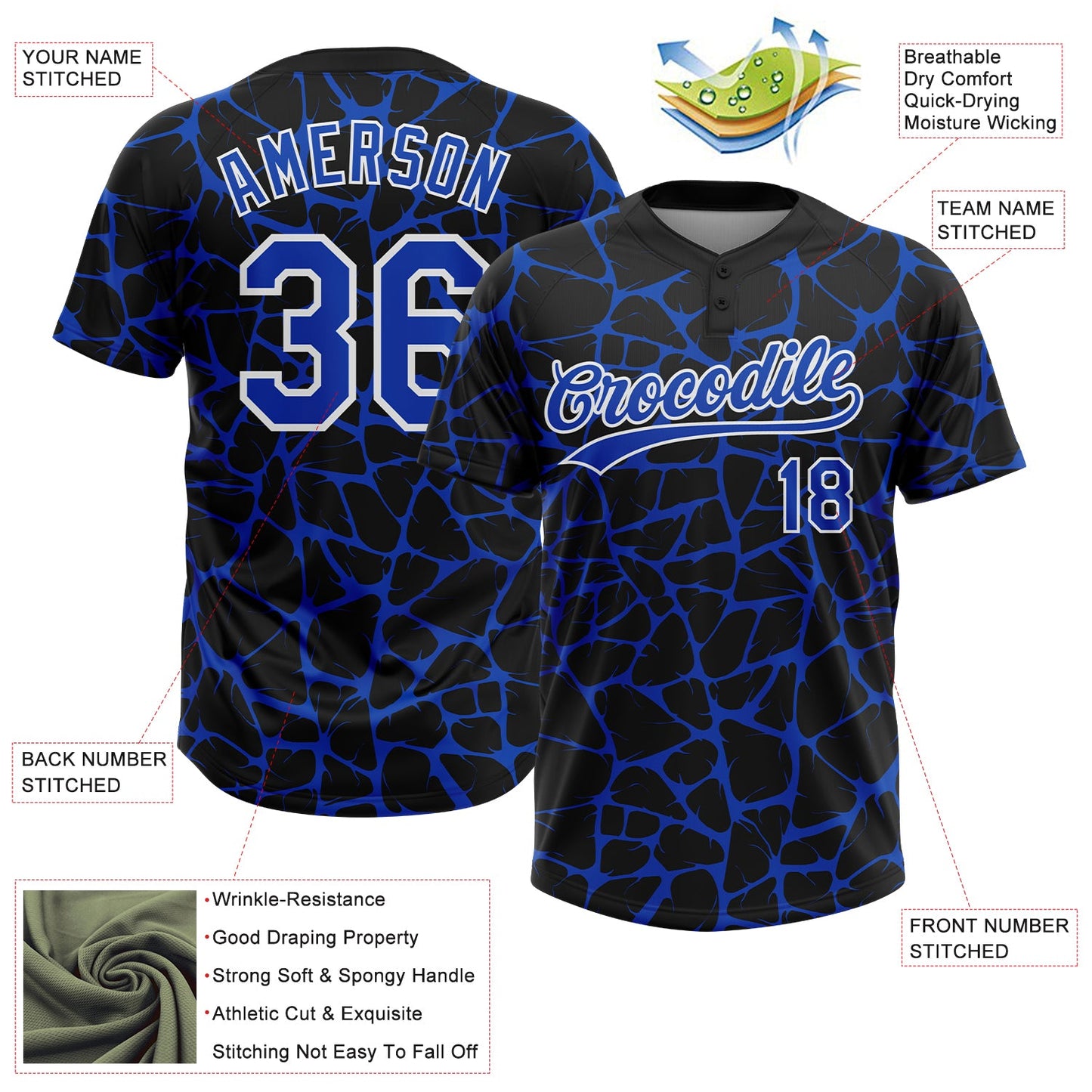 Custom Black Thunder Blue-White Abstract Network Crackle Two-Button Unisex Softball Jersey