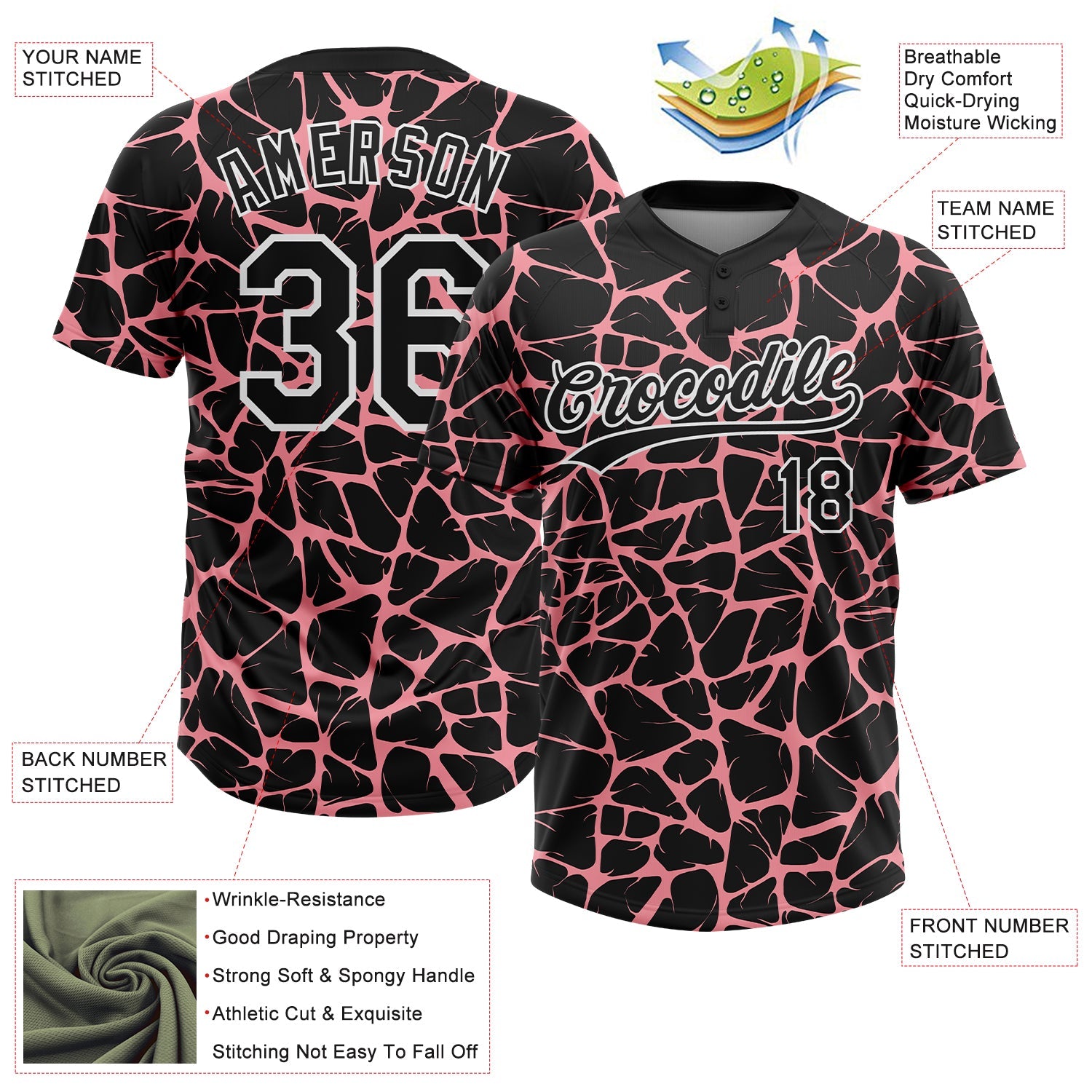 Custom Black Medium Pink-White Abstract Network Crackle Two-Button Unisex Softball Jersey