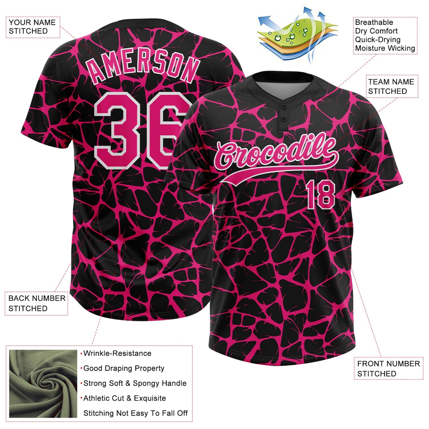 Custom Black Hot Pink-White Abstract Network Crackle Two-Button Unisex Softball Jersey