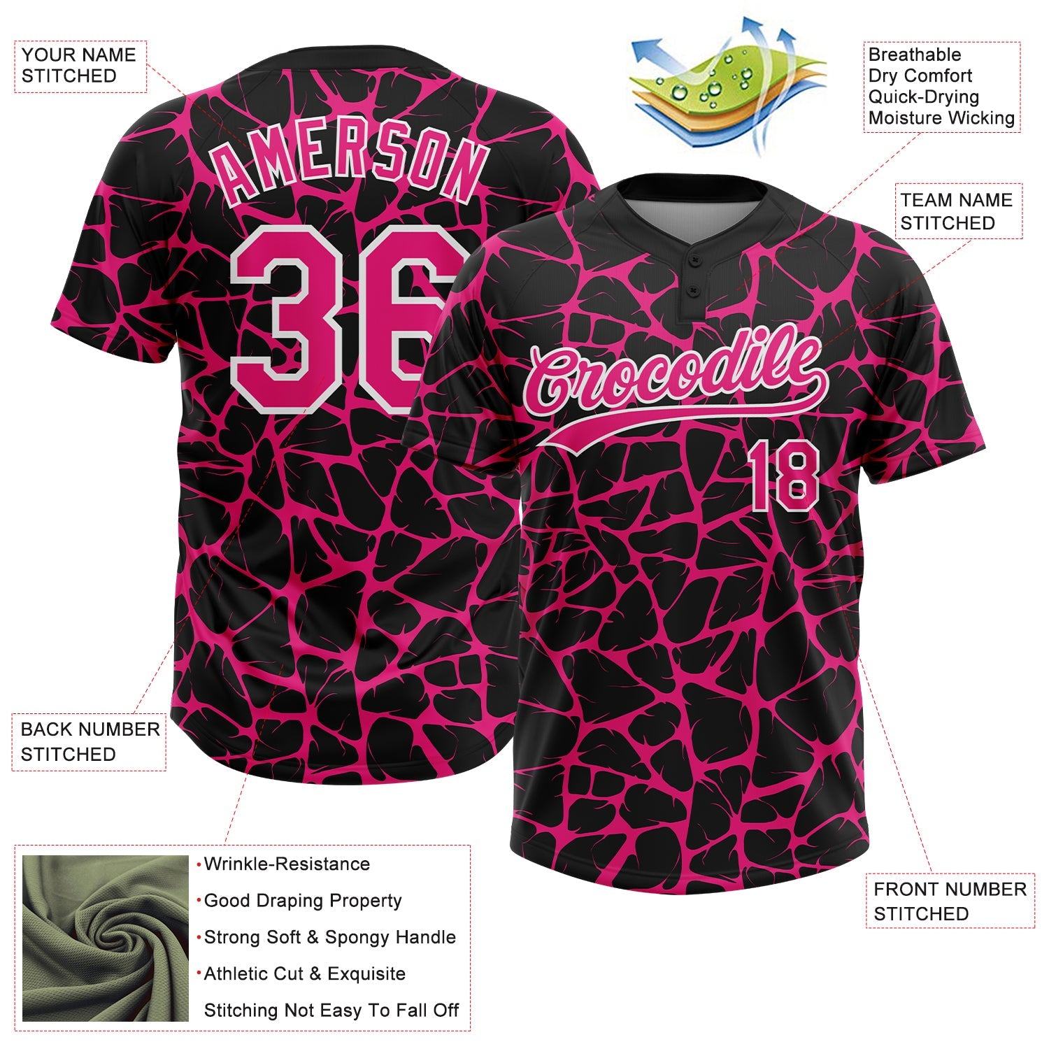 Custom Black Hot Pink-White Abstract Network Crackle Two-Button Unisex Softball Jersey