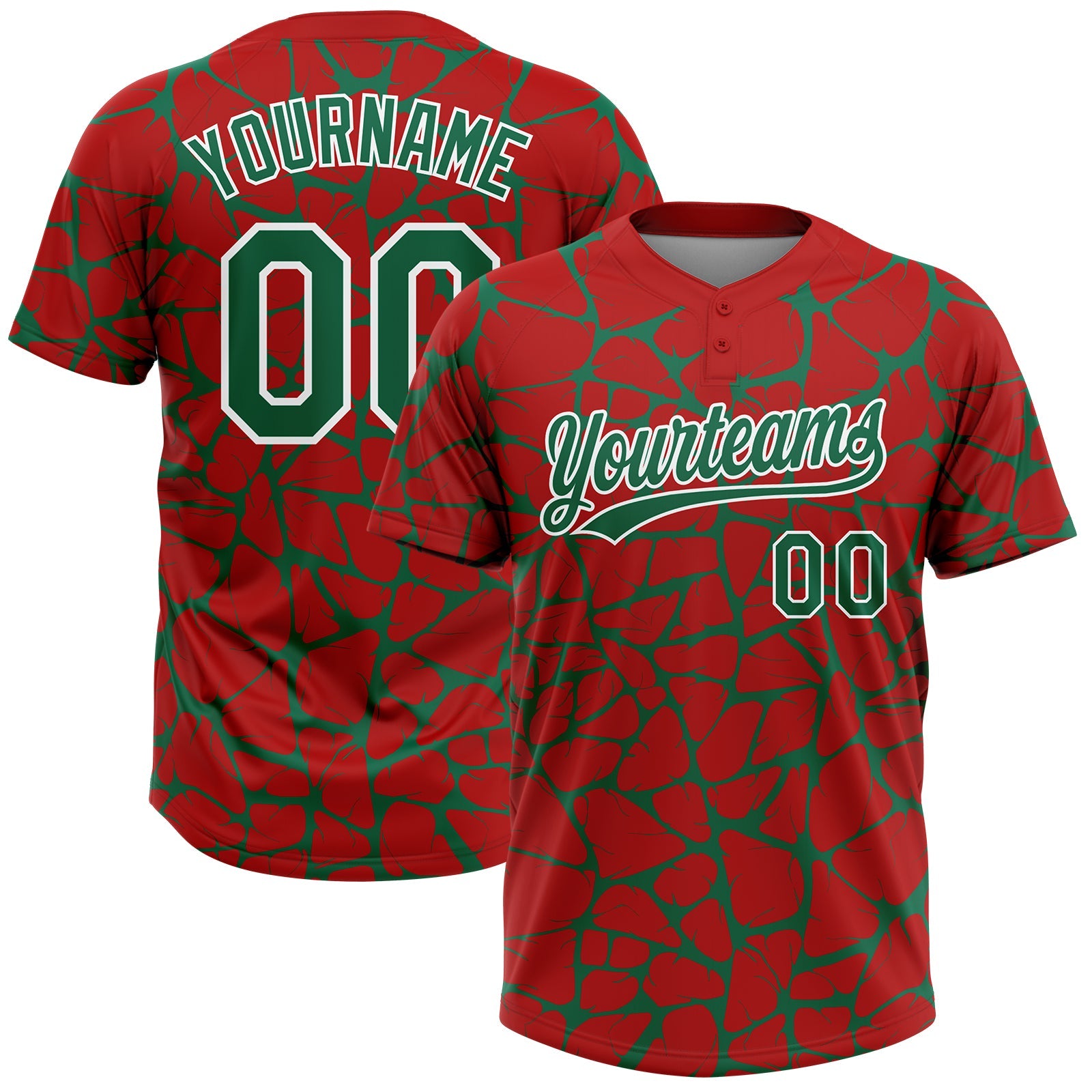 Custom Red Kelly Green-White Abstract Network Crackle Two-Button Unisex Softball Jersey