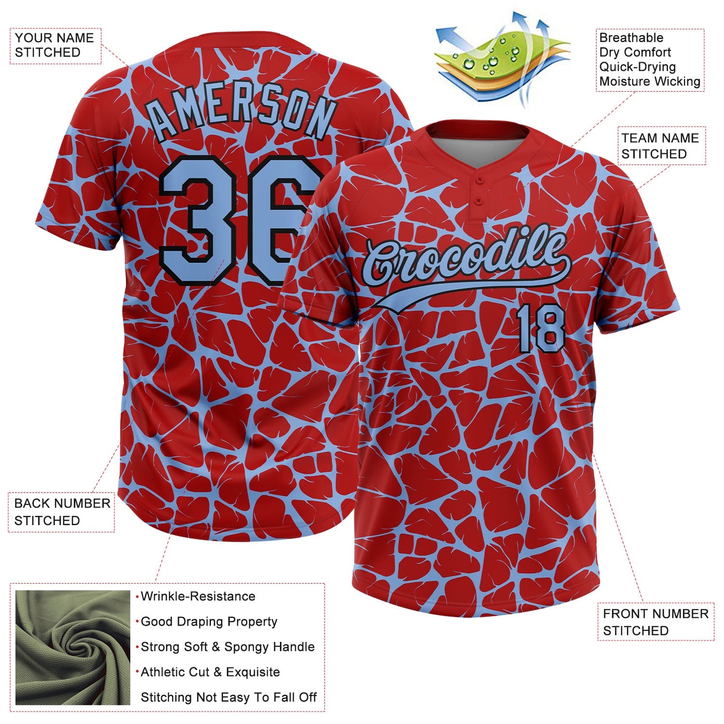 Custom Red Light Blue-Black Abstract Network Crackle Two-Button Unisex Softball Jersey