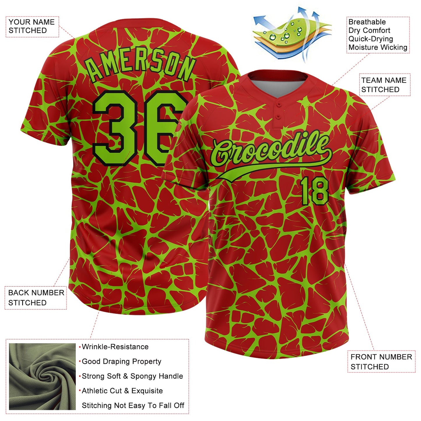 Custom Red Neon Green-Black Abstract Network Crackle Two-Button Unisex Softball Jersey