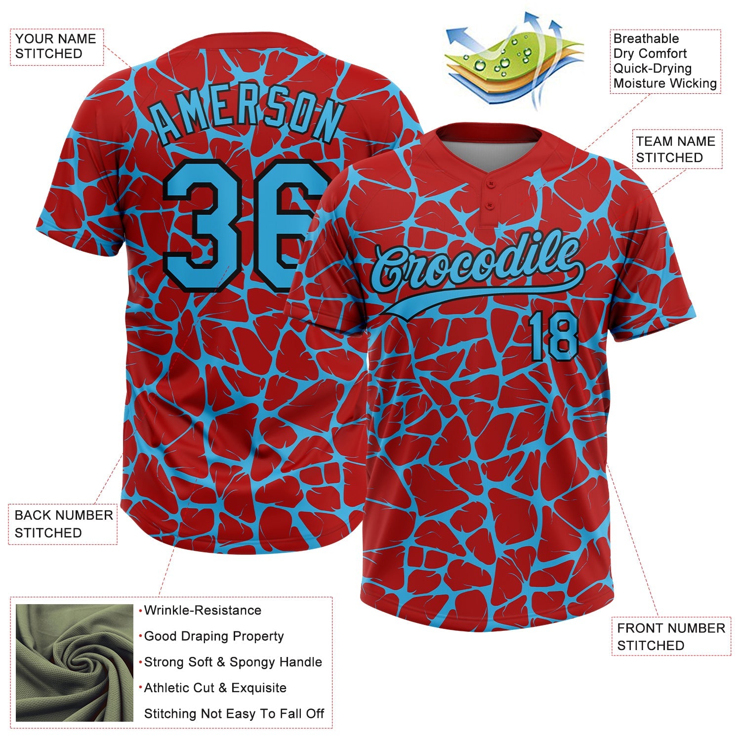 Custom Red Sky Blue-Black Abstract Network Crackle Two-Button Unisex Softball Jersey