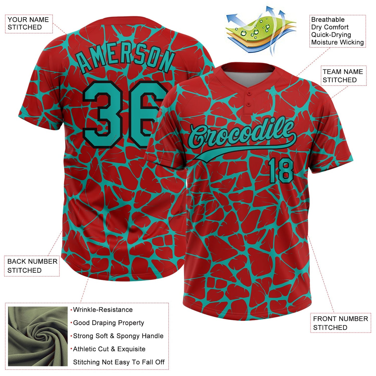 Custom Red Aqua-Black Abstract Network Crackle Two-Button Unisex Softball Jersey