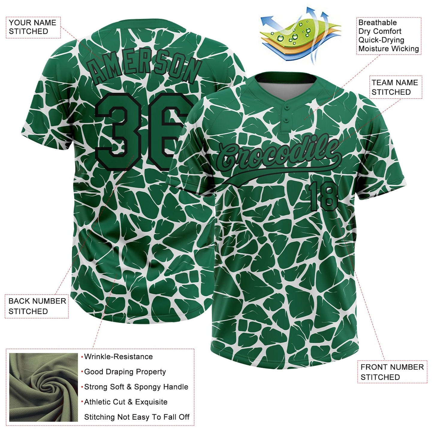 Custom Kelly Green Black-White Abstract Network Crackle Two-Button Unisex Softball Jersey