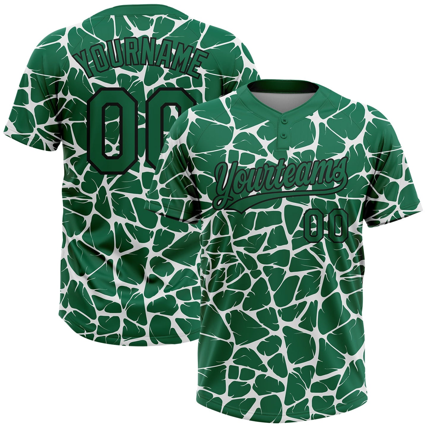 Custom Kelly Green Black-White Abstract Network Crackle Two-Button Unisex Softball Jersey