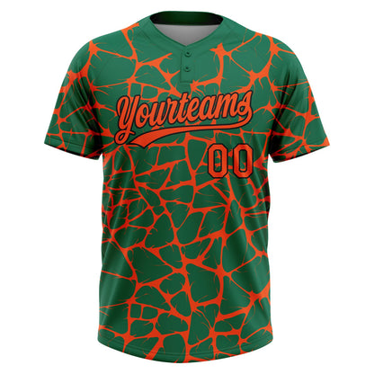 Custom Kelly Green Orange-Black Abstract Network Crackle Two-Button Unisex Softball Jersey