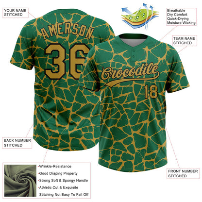 Custom Kelly Green Old Gold-Black Abstract Network Crackle Two-Button Unisex Softball Jersey