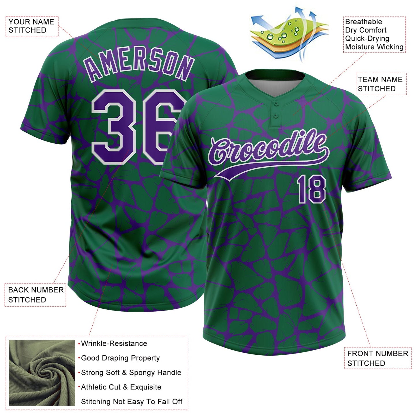 Custom Kelly Green Purple-White Abstract Network Crackle Two-Button Unisex Softball Jersey