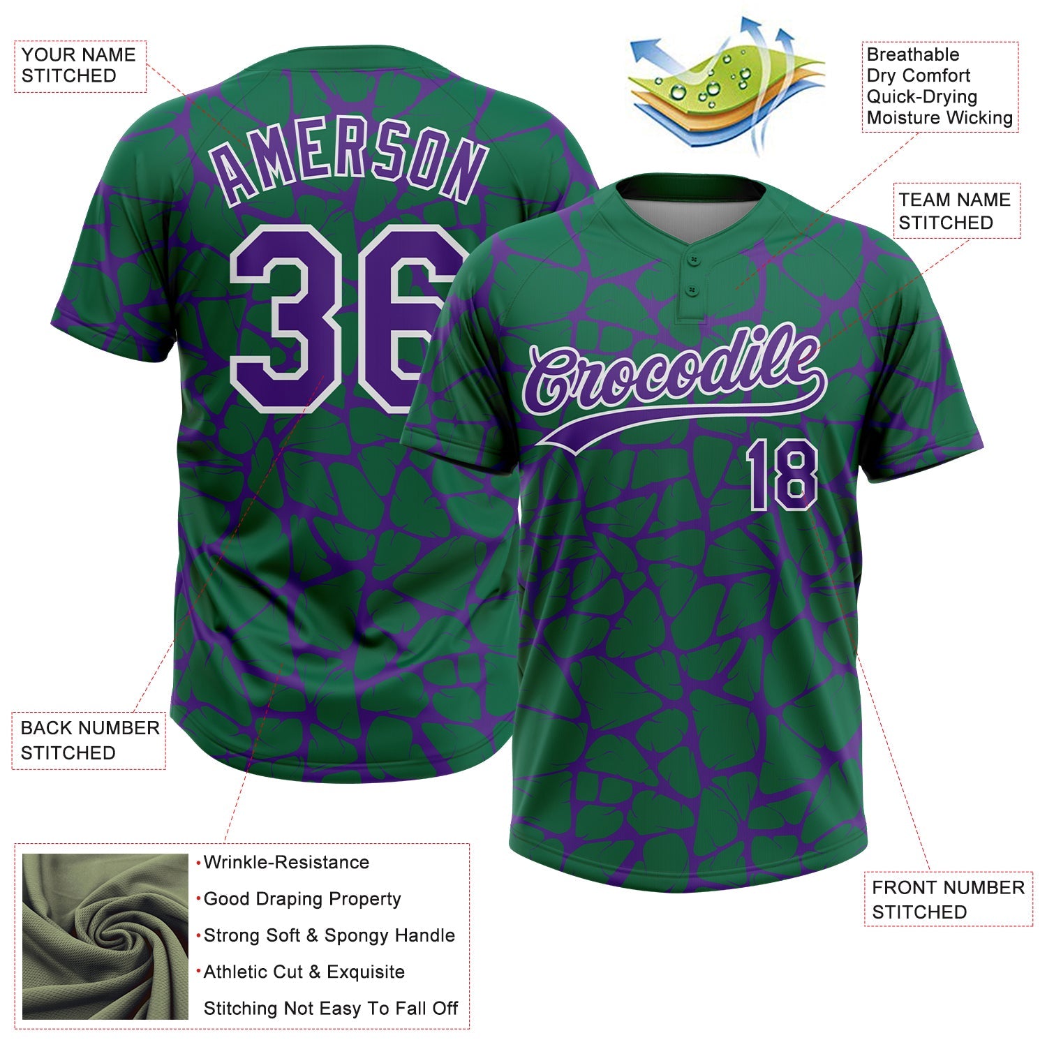 Custom Kelly Green Purple-White Abstract Network Crackle Two-Button Unisex Softball Jersey