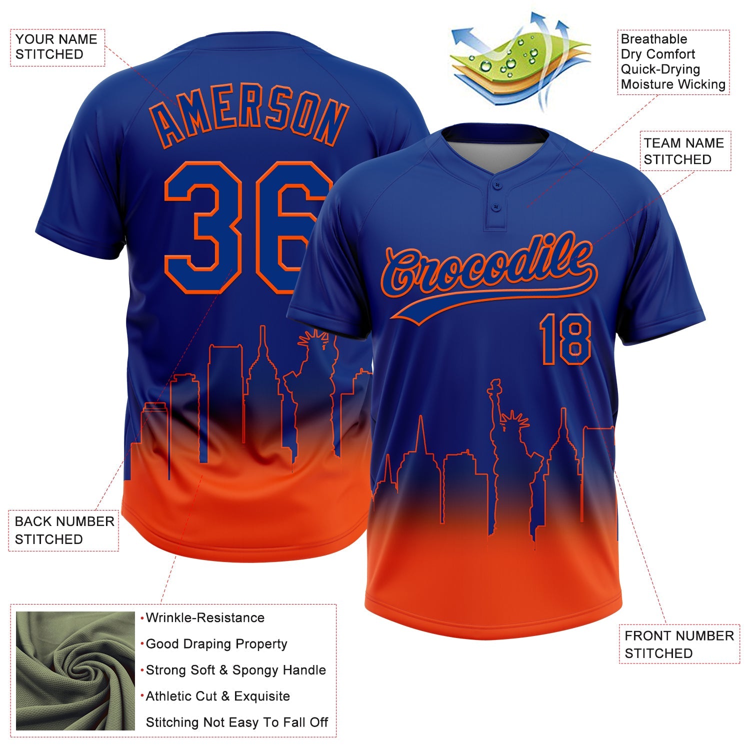 Custom Royal Orange New York City Edition Gradient Two-Button Unisex Softball Jersey