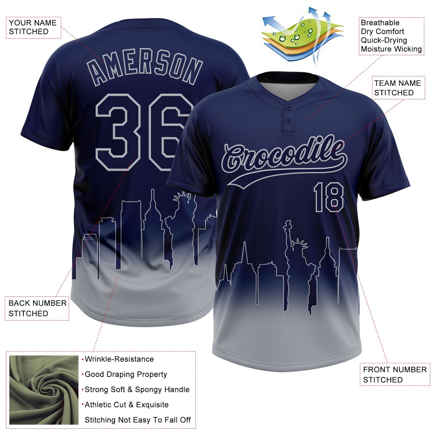 Custom Navy Gray New York City Edition Gradient Two-Button Unisex Softball Jersey