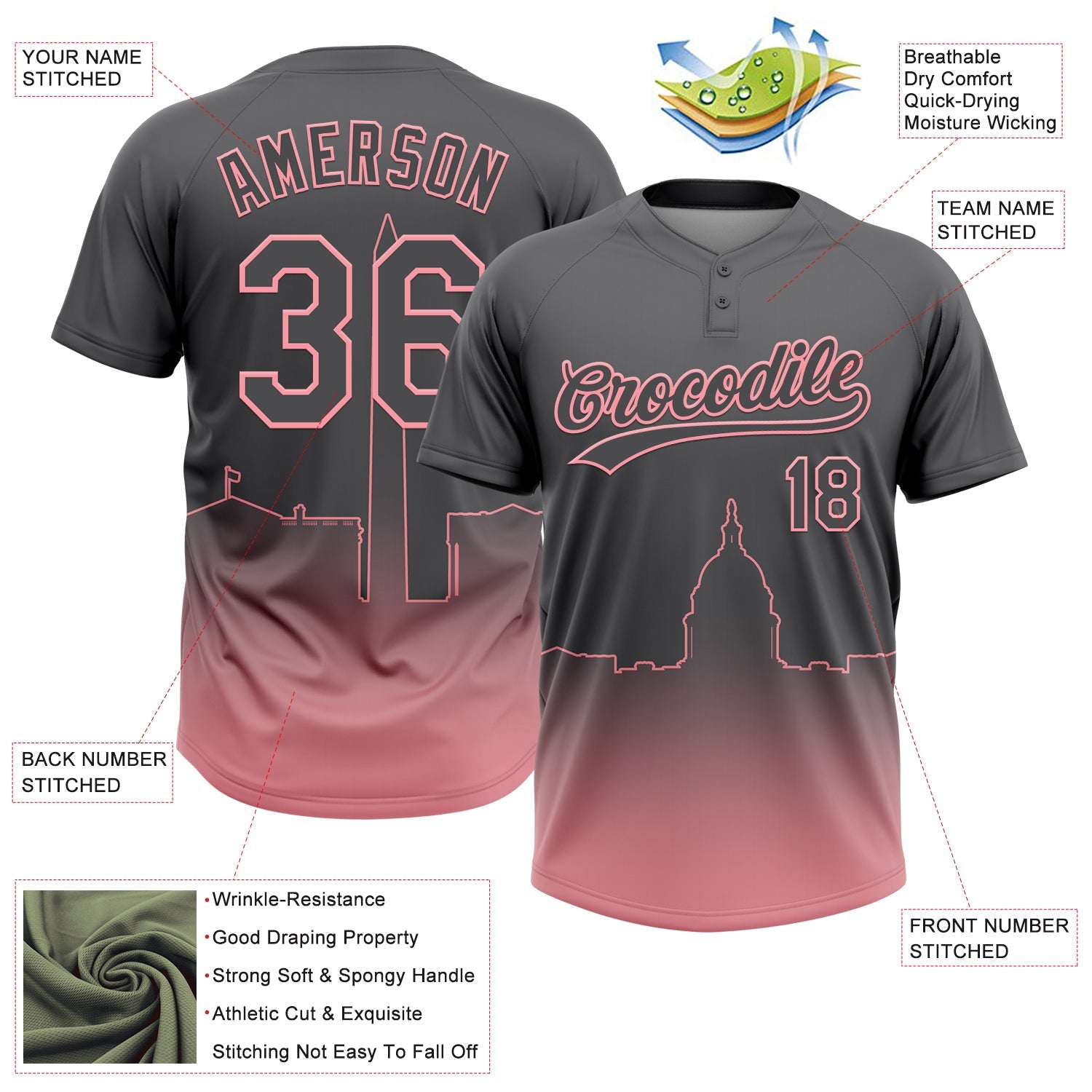 Custom Steel Gray Medium Pink Washington City Edition Gradient Two-Button Unisex Softball Jersey