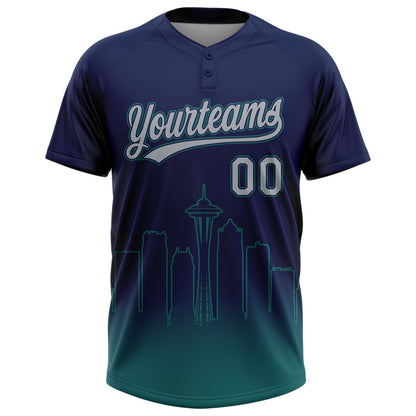 Custom Navy Gray-Teal Seattle City Edition Gradient Two-Button Unisex Softball Jersey