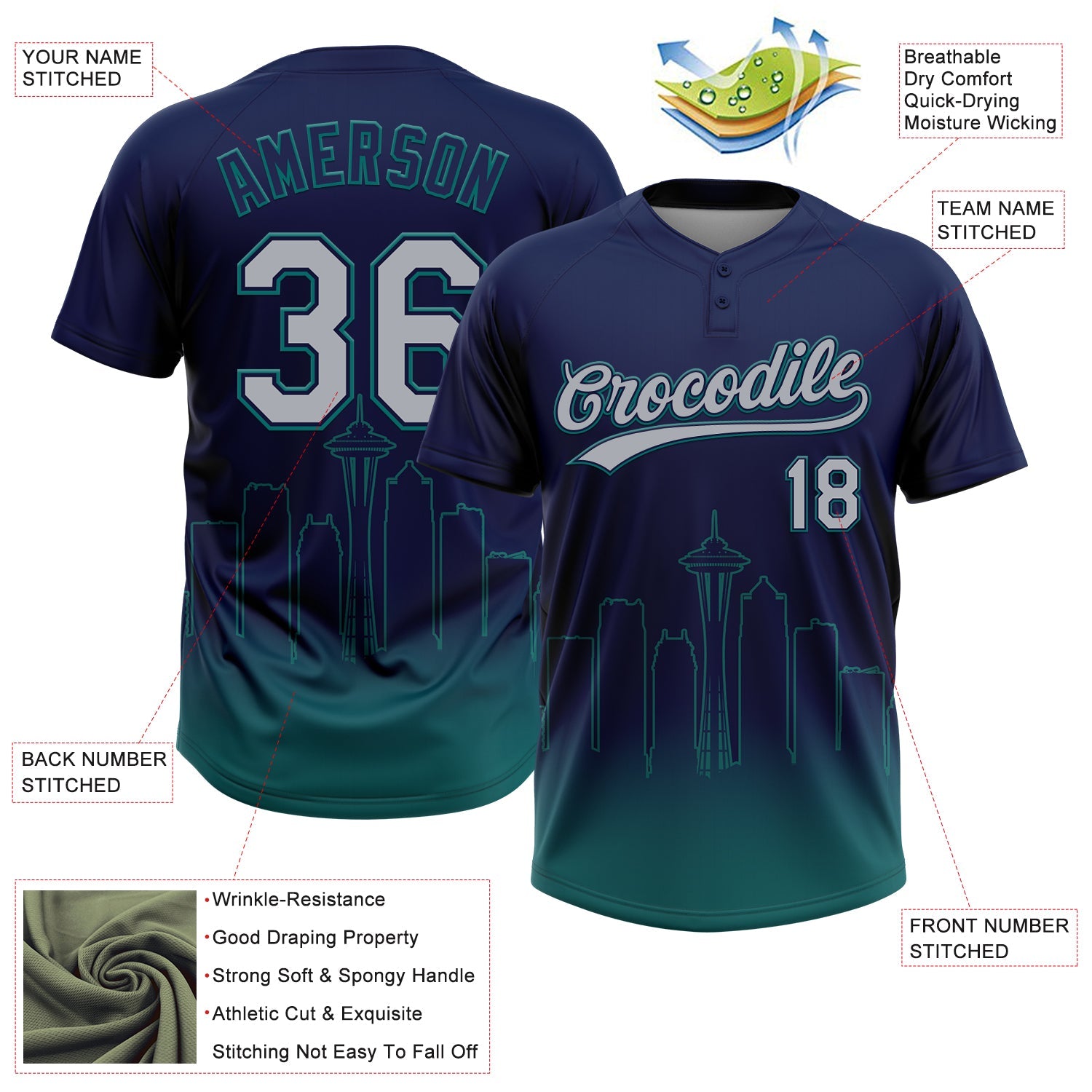 Custom Navy Gray-Teal Seattle City Edition Gradient Two-Button Unisex Softball Jersey