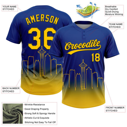 Custom Royal Yellow-Black Seattle City Edition Gradient Two-Button Unisex Softball Jersey