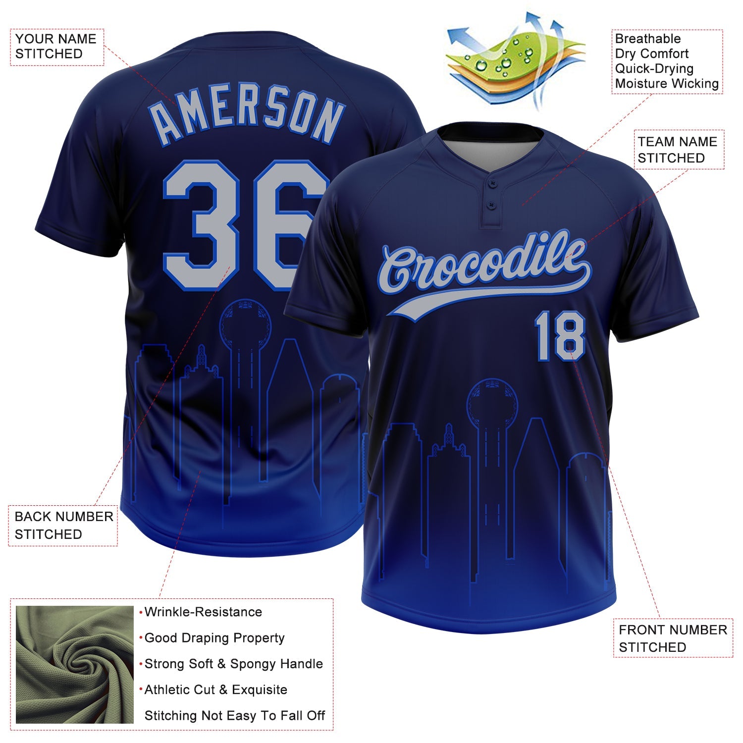 Custom Navy Gray-Thunder Blue Dallas City Edition Gradient Two-Button Unisex Softball Jersey