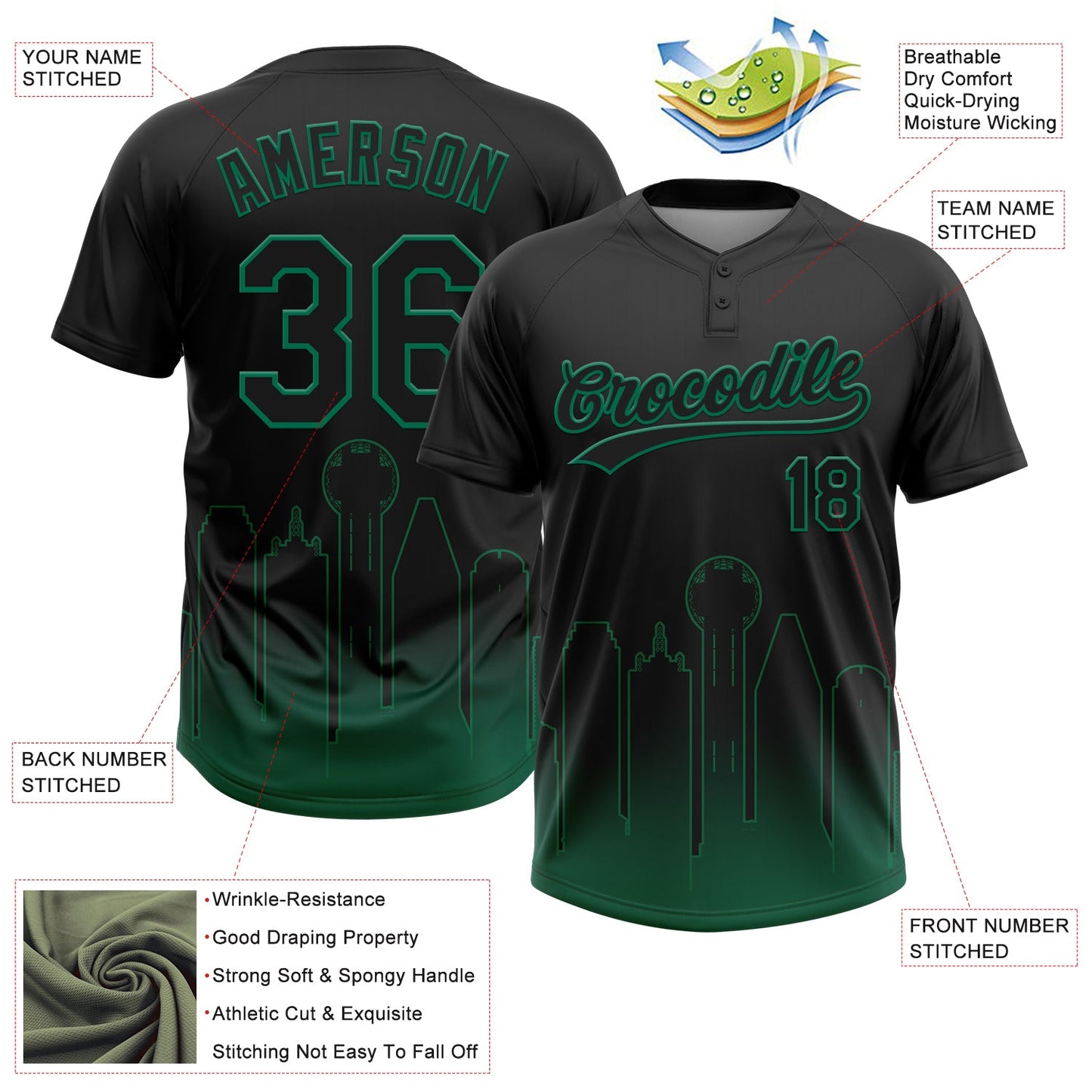 Custom Black Kelly Green Dallas City Edition Gradient Two-Button Unisex Softball Jersey