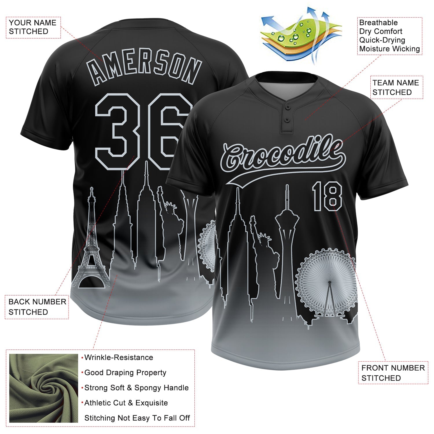 Custom Black Silver Las Vegas City Edition Gradient Two-Button Unisex Softball Jersey