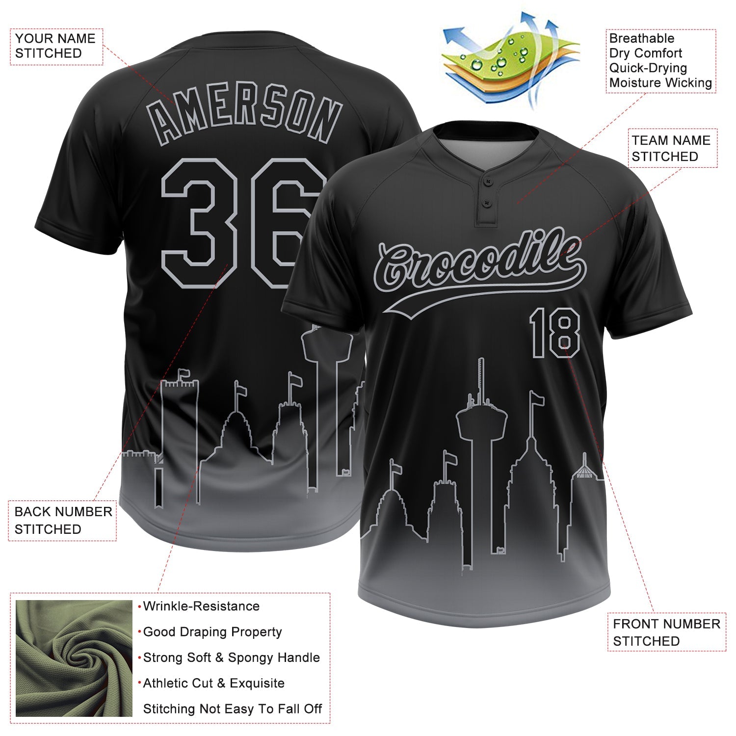 Custom Black Gray San Antonio City Edition Gradient Two-Button Unisex Softball Jersey