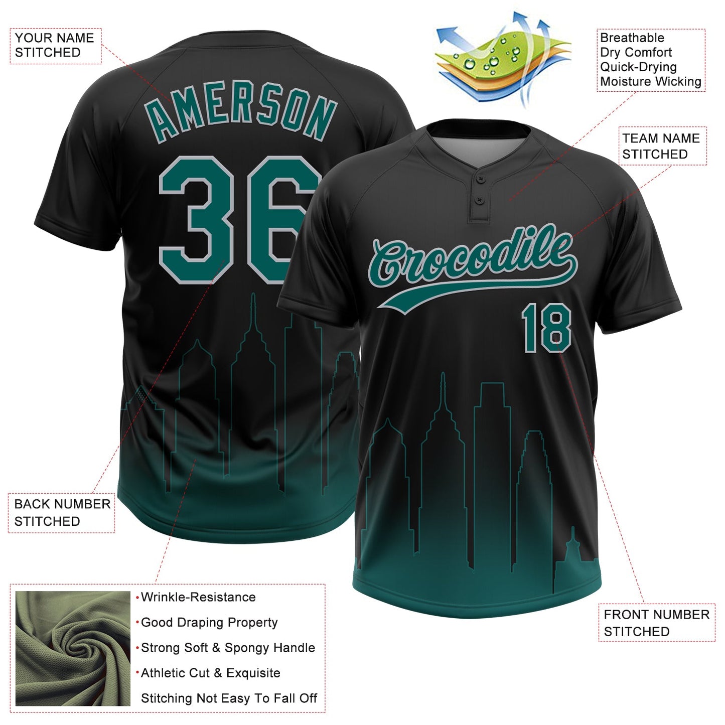 Custom Black Midnight Green-Gray Philadelphia City Edition Gradient Two-Button Unisex Softball Jersey