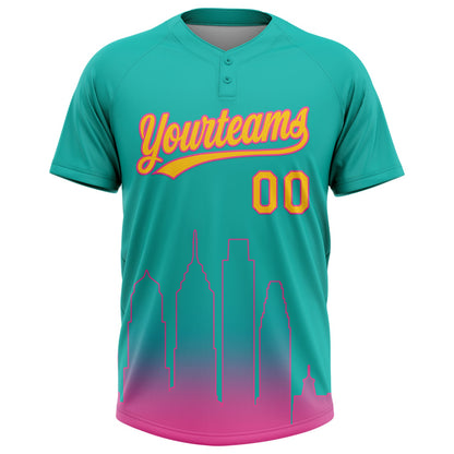 Custom Aqua Yellow-Pink San Diego City Edition Gradient Two-Button Unisex Softball Jersey