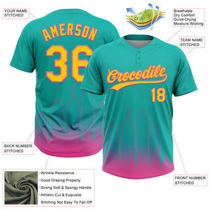 Custom Aqua Yellow-Pink San Diego City Edition Gradient Two-Button Unisex Softball Jersey