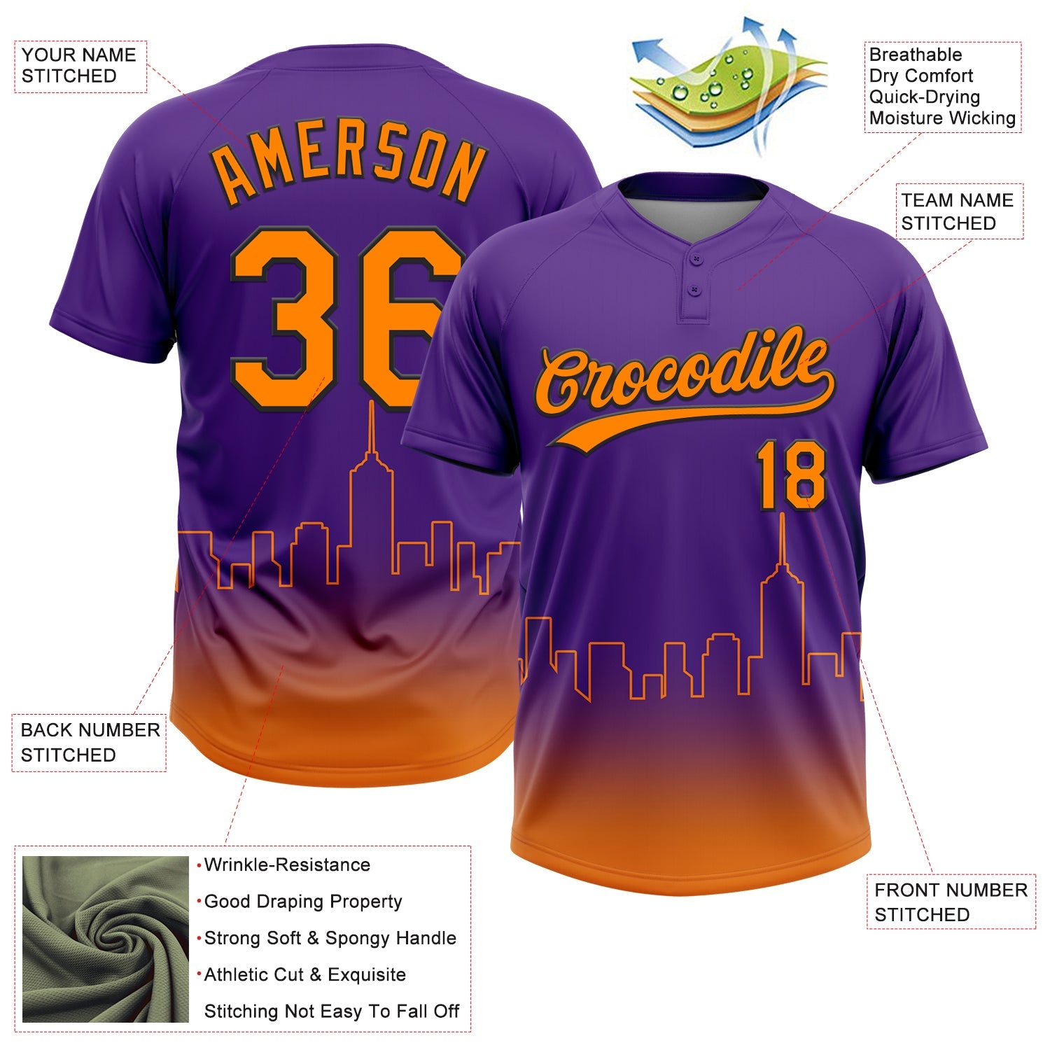 Custom Purple Bay Orange-Black Phoenix City Edition Gradient Two-Button Unisex Softball Jersey