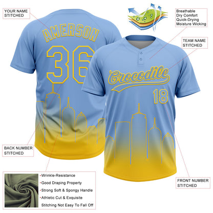 Custom Light Blue Yellow Boston City Edition Gradient Two-Button Unisex Softball Jersey