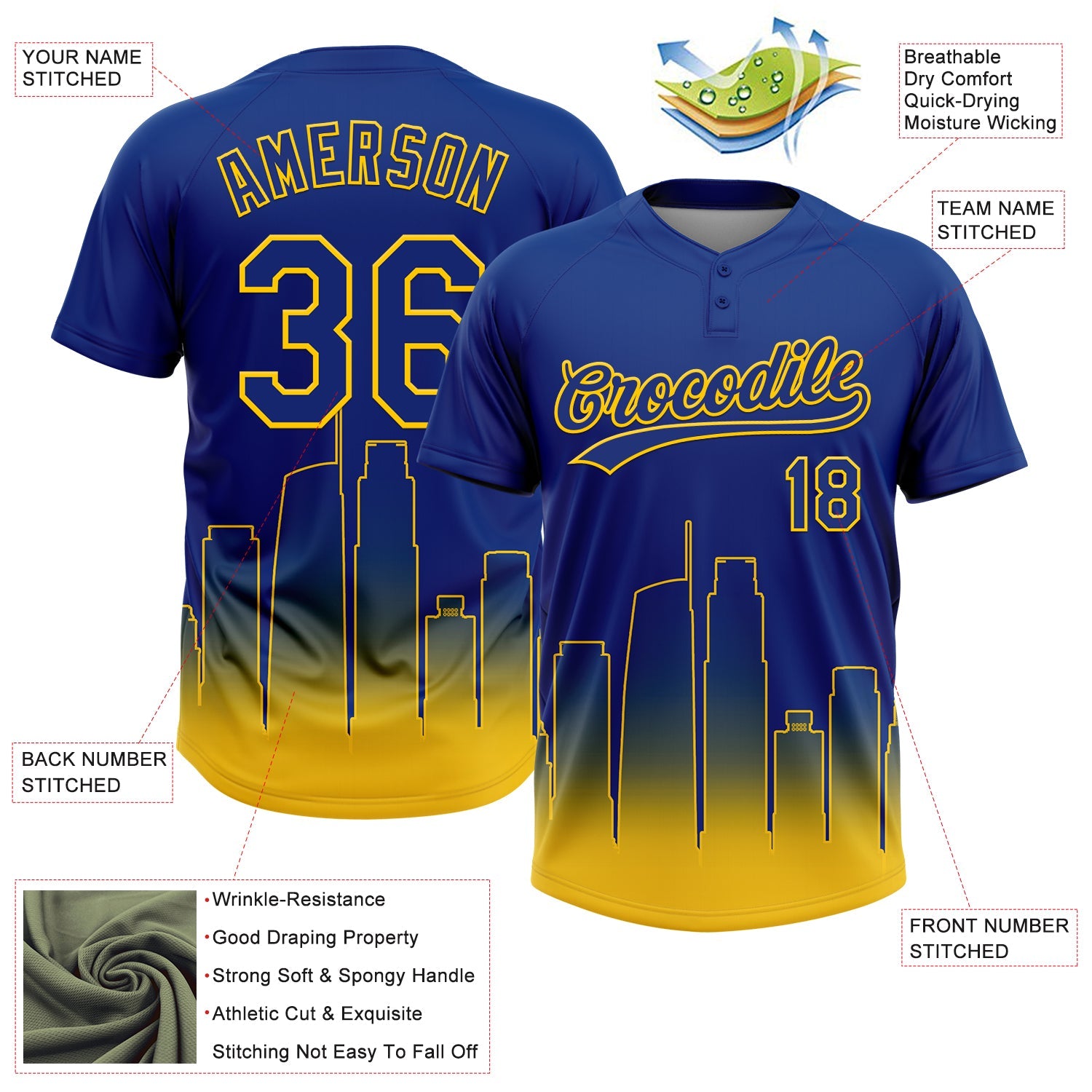 Custom Royal Yellow Los Angeles City Edition Gradient Two-Button Unisex Softball Jersey