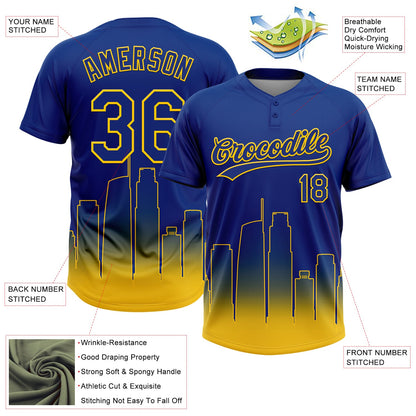 Custom Royal Yellow Los Angeles City Edition Gradient Two-Button Unisex Softball Jersey
