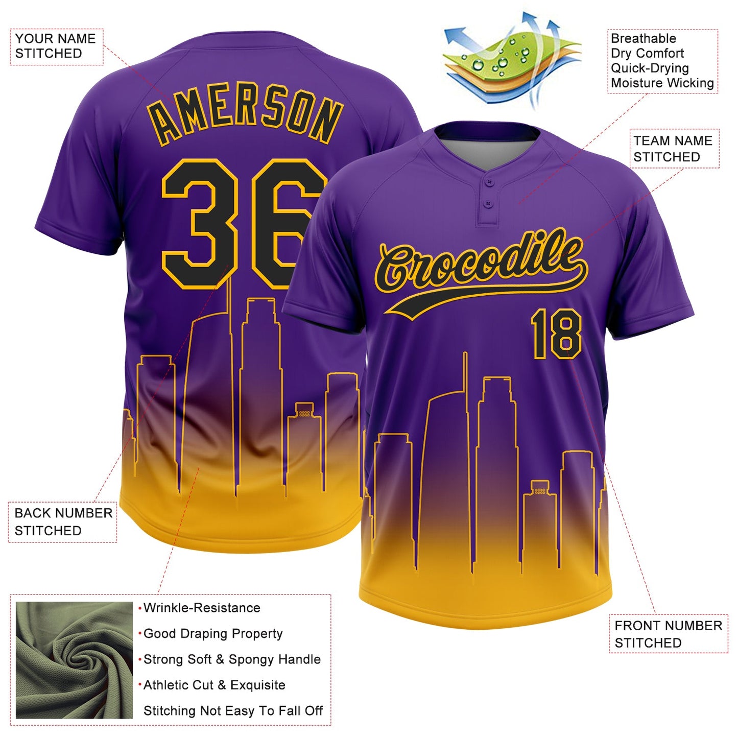 Custom Purple Black-Gold Los Angeles City Edition Gradient Two-Button Unisex Softball Jersey