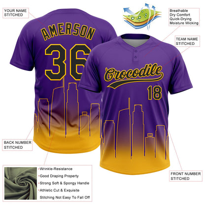 Custom Purple Black-Gold Los Angeles City Edition Gradient Two-Button Unisex Softball Jersey