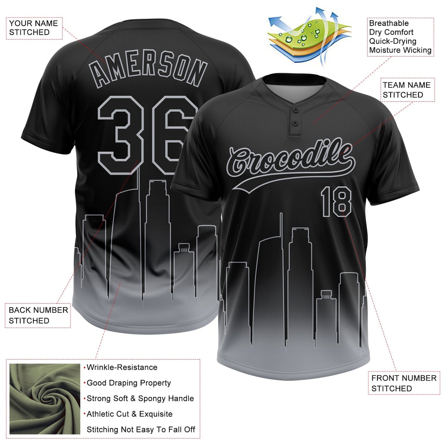 Custom Black Gray Los Angeles City Edition Gradient Two-Button Unisex Softball Jersey