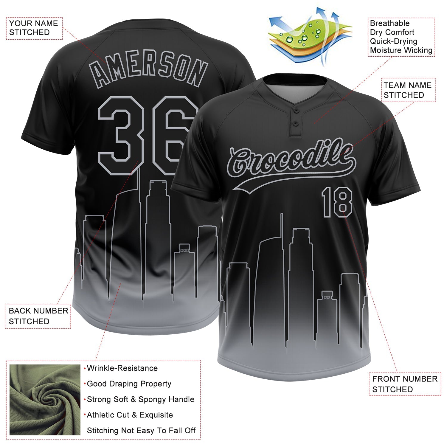 Custom Black Gray Los Angeles City Edition Gradient Two-Button Unisex Softball Jersey