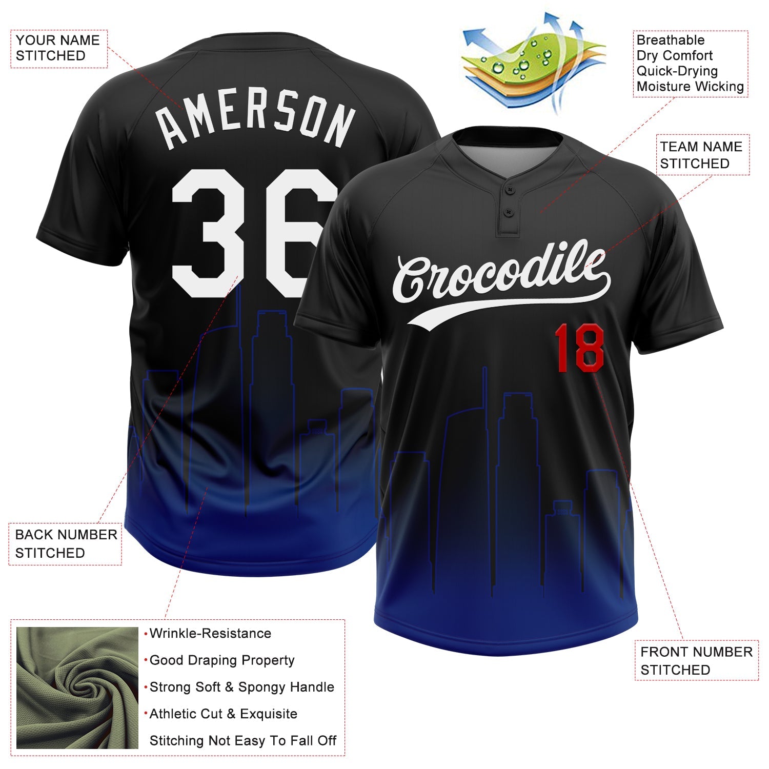 Custom Black White Royal-Red Los Angeles City Edition Gradient Two-Button Unisex Softball Jersey