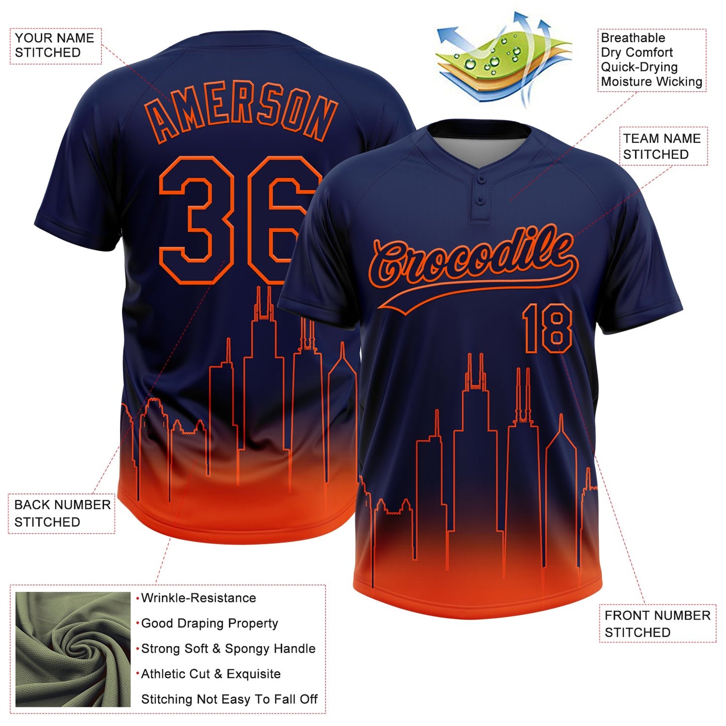 Custom Navy Orange Chicago City Edition Gradient Two-Button Unisex Softball Jersey