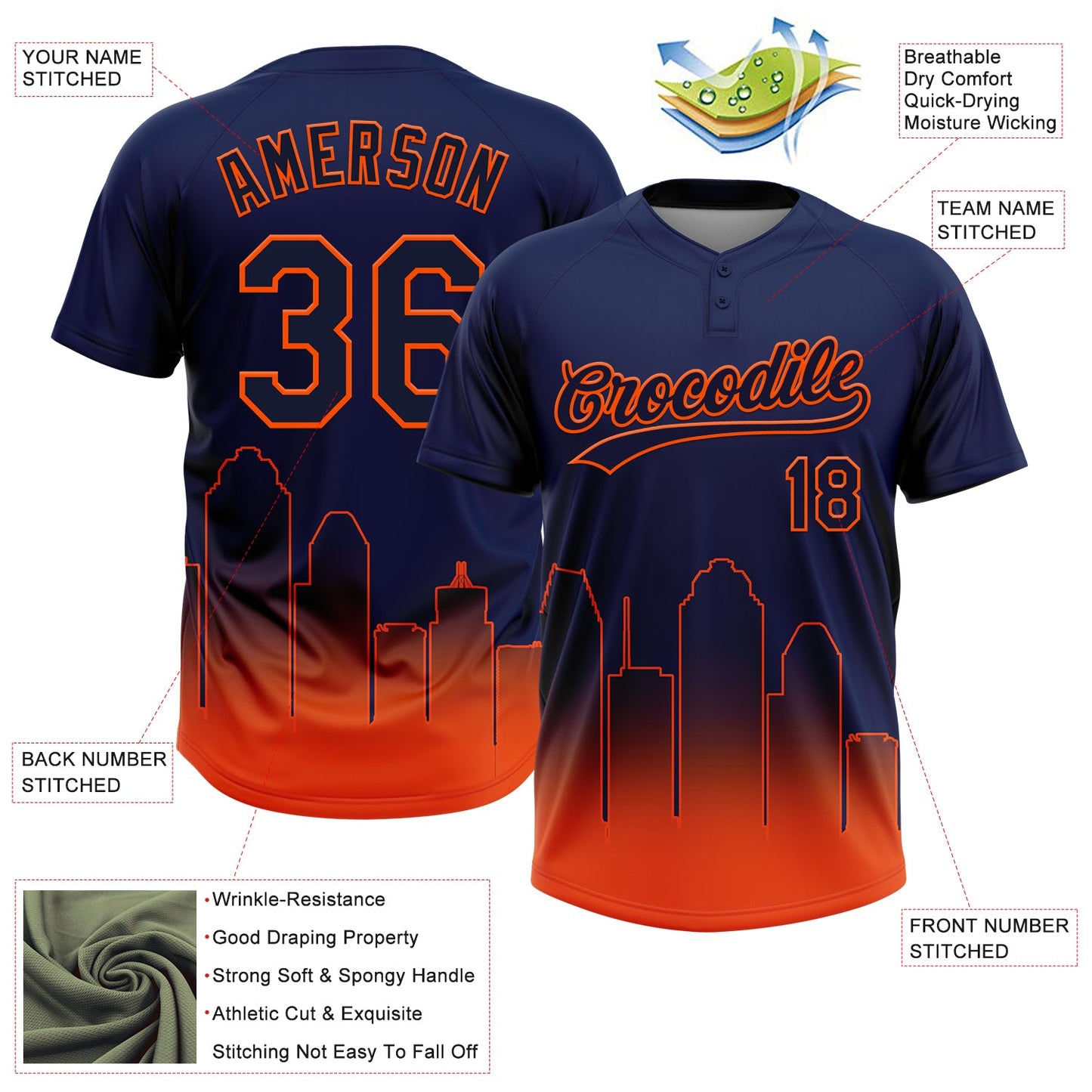 Custom Navy Orange Houston City Edition Gradient Two-Button Unisex Softball Jersey