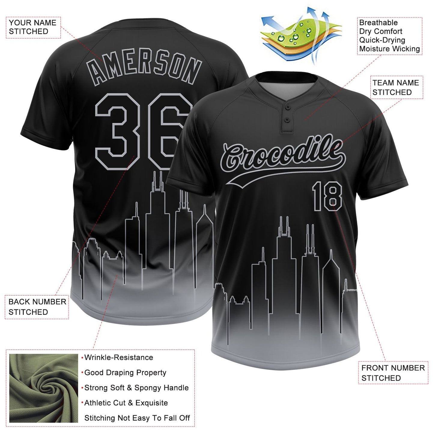Custom Black Gray Chicago City Edition Gradient Two-Button Unisex Softball Jersey