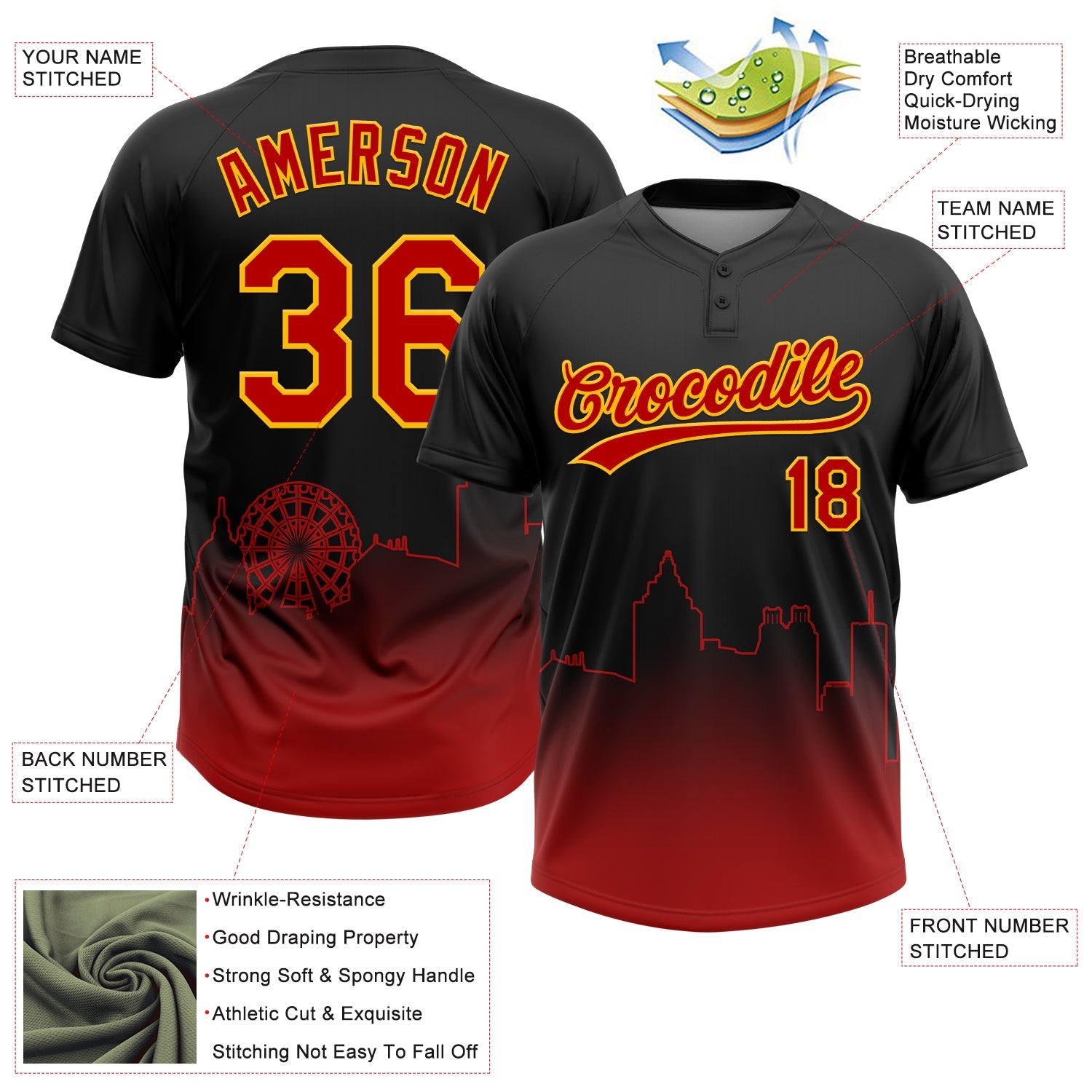 Custom Black Red-Gold Atlanta City Edition Gradient Two-Button Unisex Softball Jersey