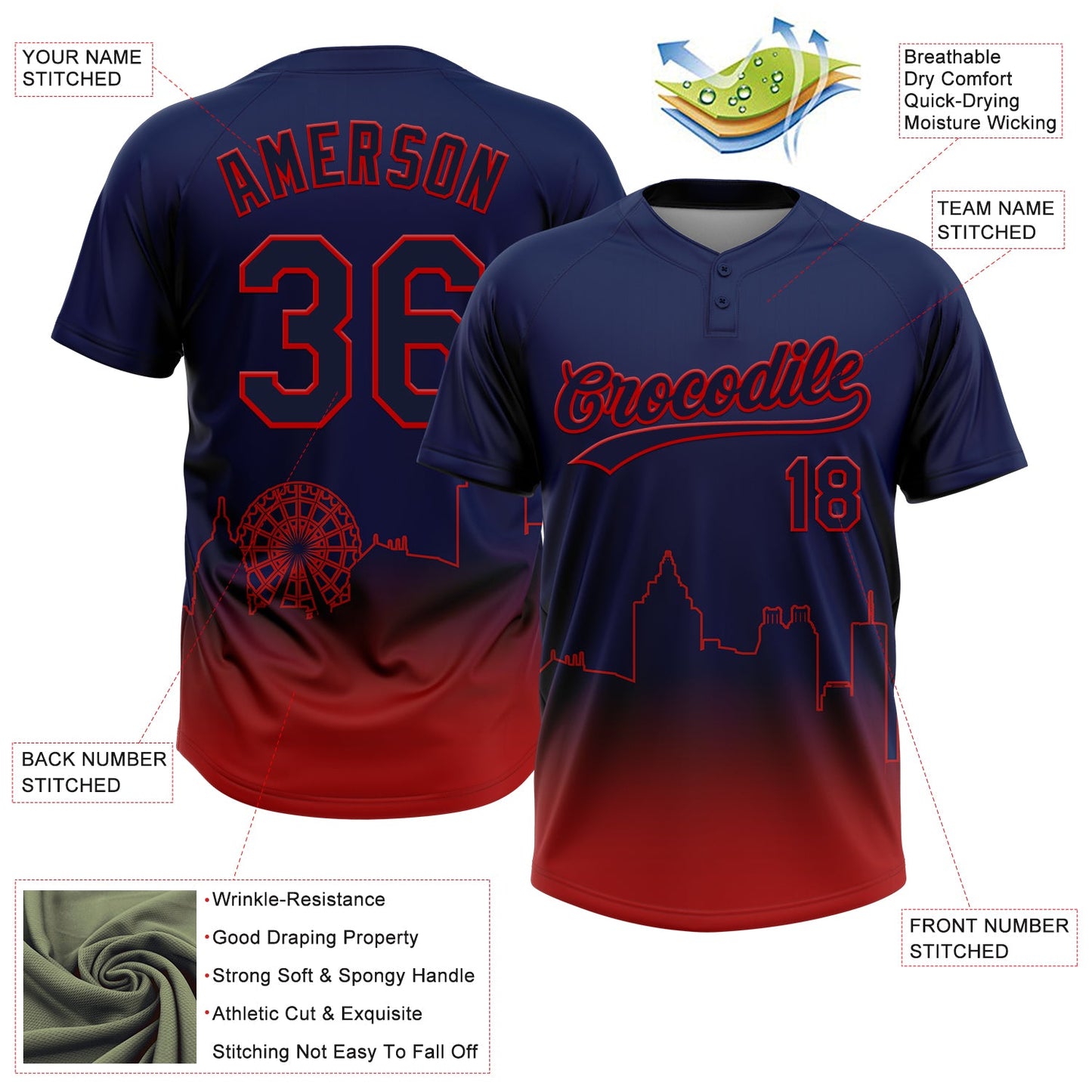 Custom Navy Red Atlanta City Edition Gradient Two-Button Unisex Softball Jersey