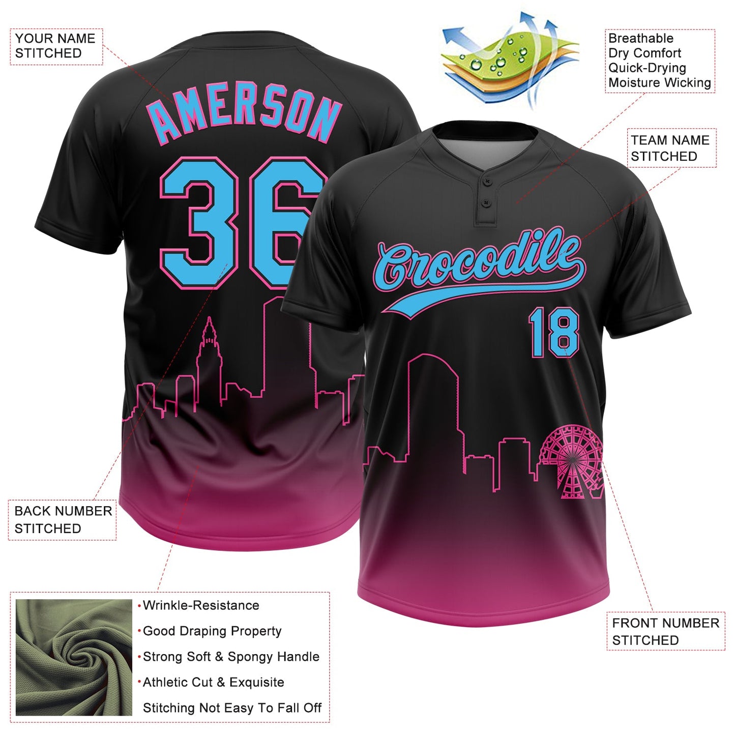 Custom Black Sky Blue-Pink Miami City Edition Gradient Two-Button Unisex Softball Jersey