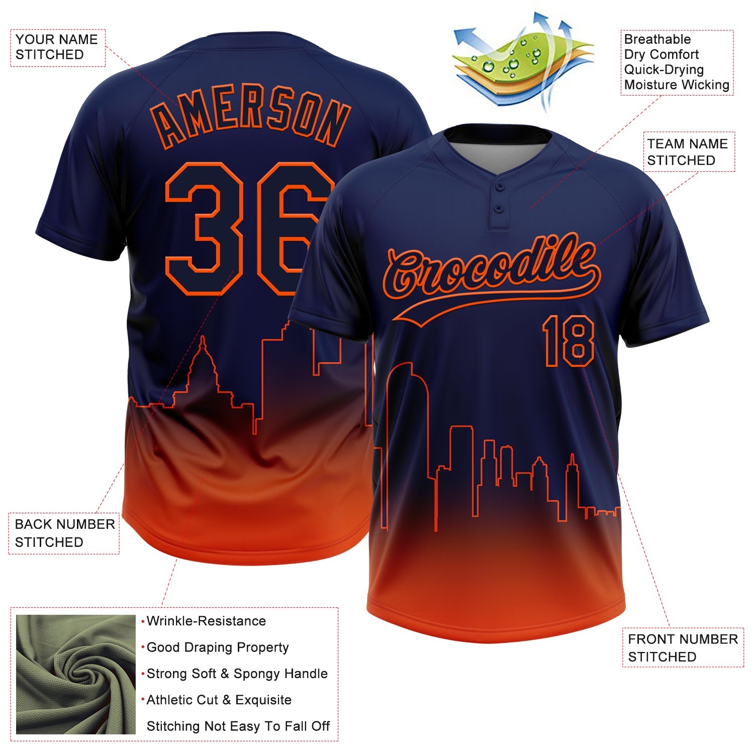 Custom Navy Orange Denver City Edition Gradient Two-Button Unisex Softball Jersey