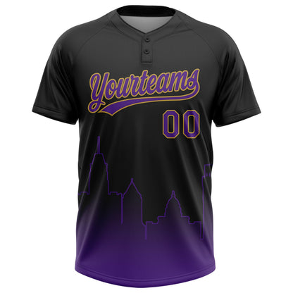 Custom Black Purple-Old Gold Baltimore City Edition Gradient Two-Button Unisex Softball Jersey