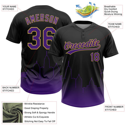 Custom Black Purple-Old Gold Baltimore City Edition Gradient Two-Button Unisex Softball Jersey